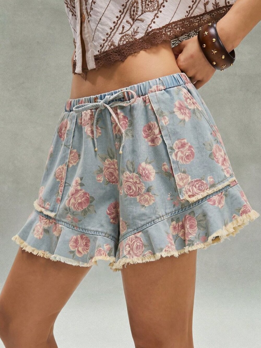 Light Wash Boho Women's Tie-Waist Floral Denim Skorts - Picture 5 of 6